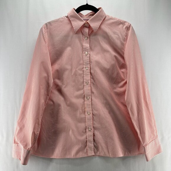 Lands' End Shirt Womens Sz 14 Striped Button Up Long Sleeve Cotton Blend Orange - Picture 1 of 11